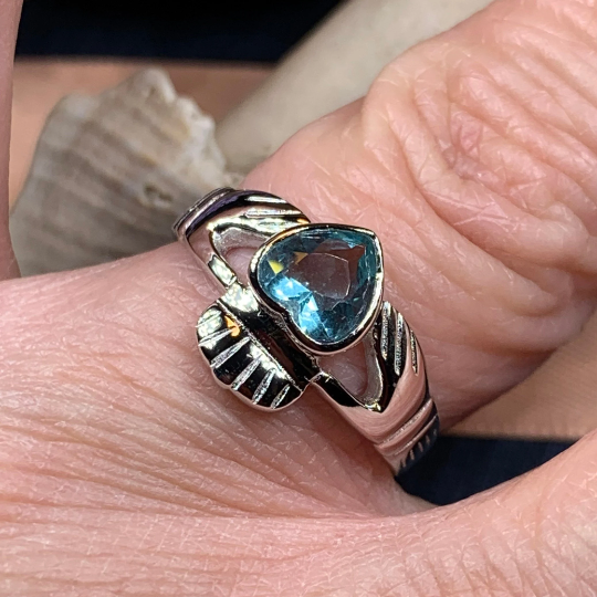 Blue Topaz Irish Claddagh Ring in Sterling Silver