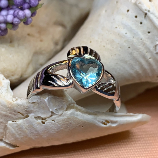 Blue Topaz Irish Claddagh Ring in Sterling Silver